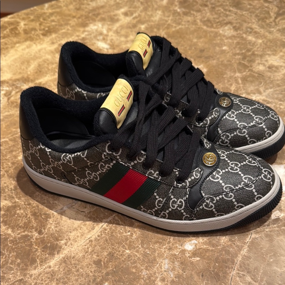 Gucci Black Monogram Sneakers with Red and Green Accents. Worn once.